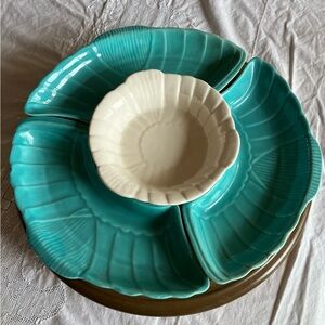 Vintage Mid-Century Modern California Pottery Turquoise Lazy Susan set